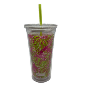 Lily Pulitzer Pomegranate Jungle Tumble 20oz Plastic Tumbler with Straw.